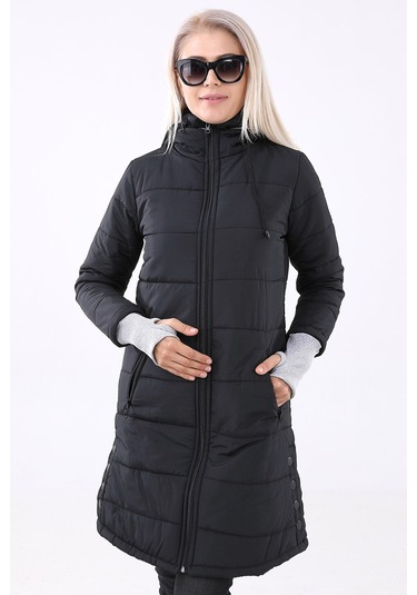 Kışlık Kapüşonlu Orta Boy Kadın Şişme Mont Co805syh Siyah