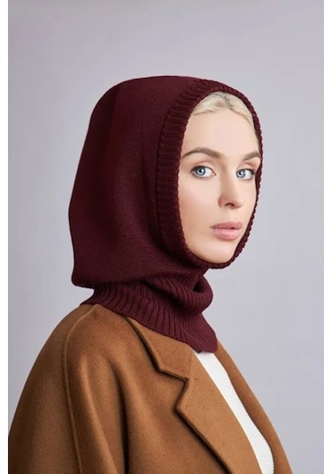 Külah Balaclava Kadın Triko Kar Maskesi Bere Boyunluk Bordo Bordo Standart