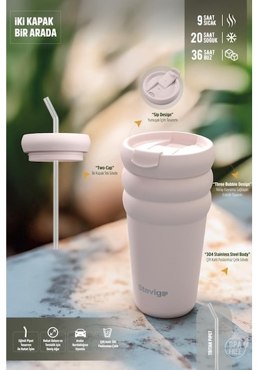 Stevig 3 Bubble Two-cap Straw Tumbler Çelik Termos 600 Ml Soft Quartz St-248 Pembe
