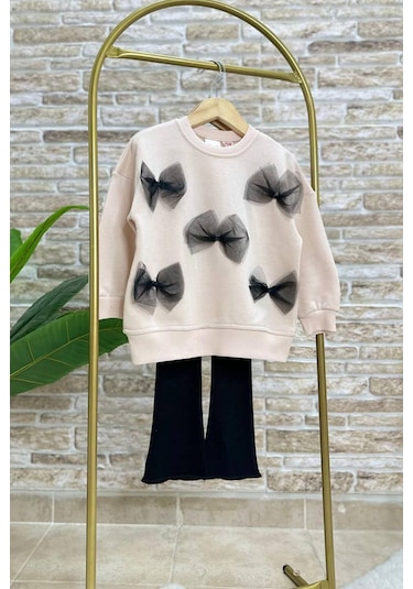 Yumuşak Pamuklu Kumaş Tül Fiyonk Aplikeli Sweatshirt Ve Fitilli İspanyol Paça Tayt Alt Üst Takım Taş Yumuşak Pamuklu Kumaş Tül Fiyonk Aplikeli Sweatshirt Ve Fitilli İspanyol Paça Tayt Alt Üst Takım Taş