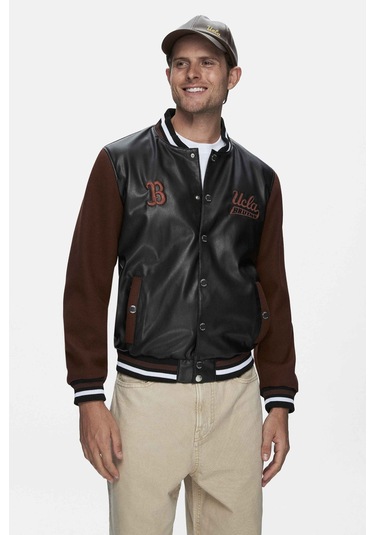 Kawelo Siyah Suni Deri Ve Kaşe Nakışlı Standard Fit Erkek Mont Siyah