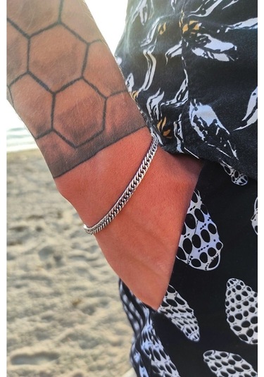 İnce Yassı Sık Zincirli Spor Erkek Çelik Zincir Bileklik 3mm 21cm Eck13b Gümüş