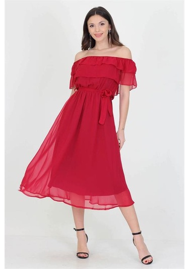 Neşeli Butik Kadın Yeni Sezon Madonna Yaka Bağlama Detaylı Şifon Elbise Ry8060 Bordo