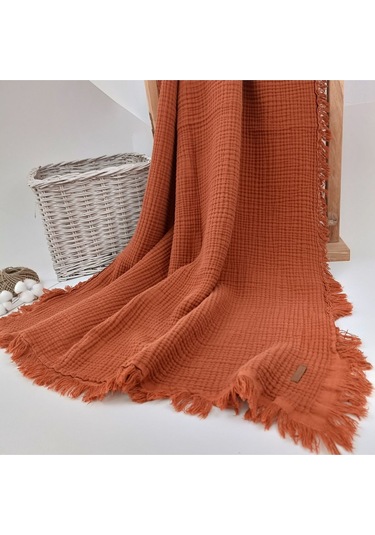 %100 Pamuklu 4 Kat Müslin Bebek Battaniyesi 90x120 Cm - Kiremit Mevsimlik Bebek Örtüsü - Oscar Kiremit