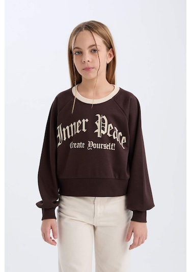 DeFacto Kız Çocuk Relax Fit Bisiklet Yaka Baskılı İçi Yumuşak Tüylü Sweatshirt D7042A824WNBN116