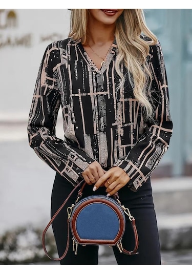 Kadın Uzun Kollu V Yakalı Desenli Dalgıç Bluz Siyah