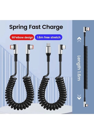Tongxida Olaf 6a Usb Tip C Veri Kablosu 90 Elbow, Araba Bahar Pd Hızlı Şarj, 1.6m, Usb-c To C Kablo