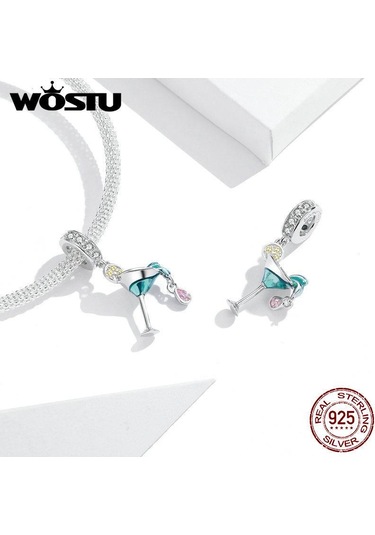 Wostu 925 Ayar Gümüş Pembe Cz Kokteyl Şarap Bardağı Dangle Charm Kolye Dıy Bilezik Takı Gümüş