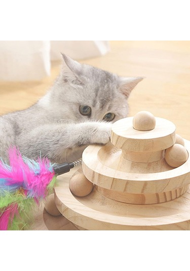 Ahşap Kedi Oyuncağı 3 Katlı Toplu Zeka Oyuncağı & Tüylü Olta Seti