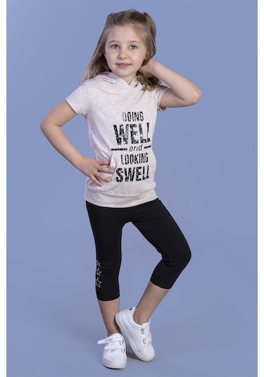 Toontoy Kız Çocuk Parlak Baskılı Kapüşonlu Kaprili Takım Kahve Melanj