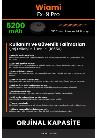 Wiami Fx-9 Pro Uyumlu Akıllı Robot Süpürge Bataryası 5200 Mah Pil