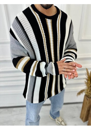 Kazak Oversize Renkli Örgü Desenli Naturel Pamuk Bol Kesim Salaş Triko Kazak Gri