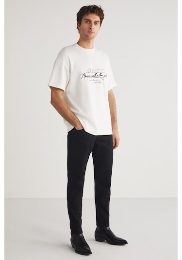 ROBERTO  Erkek Bisiklet Yaka %100 Pamuk Oversize Kalıp Baskı Detaylı Beyaz T-Shirt