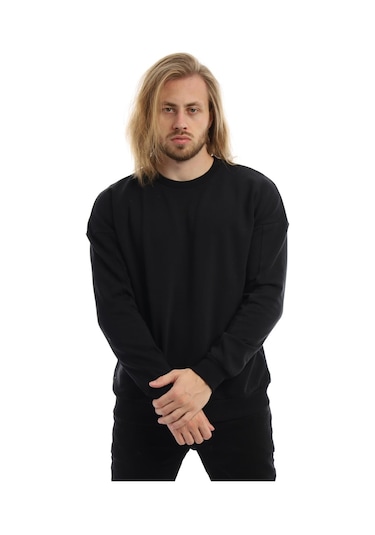 Erkek Bisiklet Yaka Karyoka Dikişli Sweatshirt Siyah