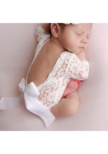 Bej Yenidoğan Bebek Kız Ilmek Yumuşak Dantel Romper Çiçek Kafa Bandı Fotoğraf Sahne Bej