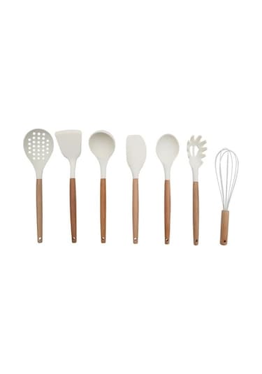 Bambu Saplı Silikon Kepçe Spatula Mutfak Seti 7 Parça Beyaz