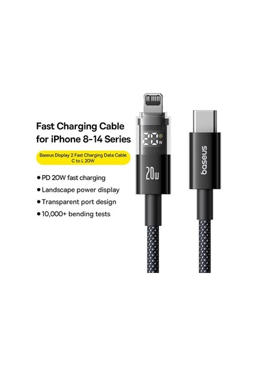 Baseus Display 20w Type-c - 8 Pin Hızlı Şarj Kablosu, Uzunluk:2m