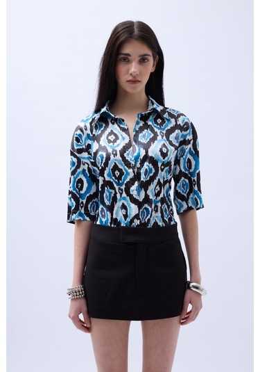 Desenli Saten Gömlek Mavi