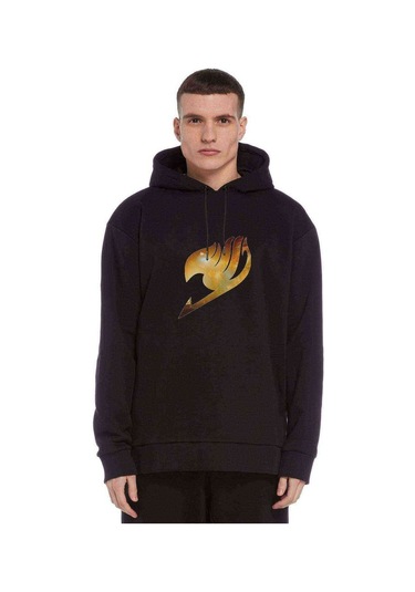 Anime Fairytail Logo Baskılı Siyah Erkek Örme Kapşonlu Sweat