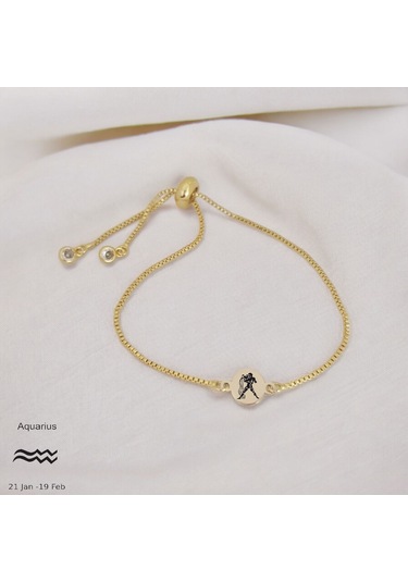 Archin Kova Burçları İçin Yuvarlak Motifli Zincirli 14 Ayar Altın Plakalı Hediye Bileklik-417burç Kova
