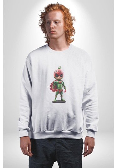 Süper Karpuz Adam Unisex Beyaz Baskılı Sweatshirt Beyaz
