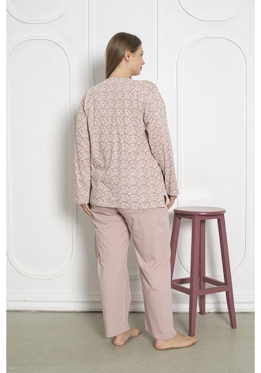 %100 Pamuklu Uzun Kollu Boydan Düğmeli Büyük Beden Kadın Pijama Takımı 206 Pudra