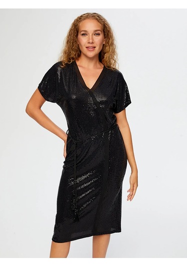 Faik Sönmez Şifon Garnili Kısa Kol V Yaka Payet Kadın Abiye Elbise Uw26aby014 Siyah