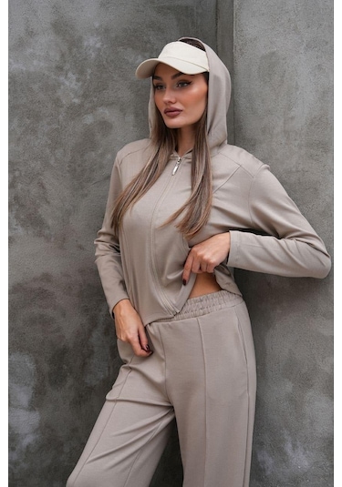 Elaxi Modal Kumaş Slim Fit Kapüşonlu İkili Takım Bej