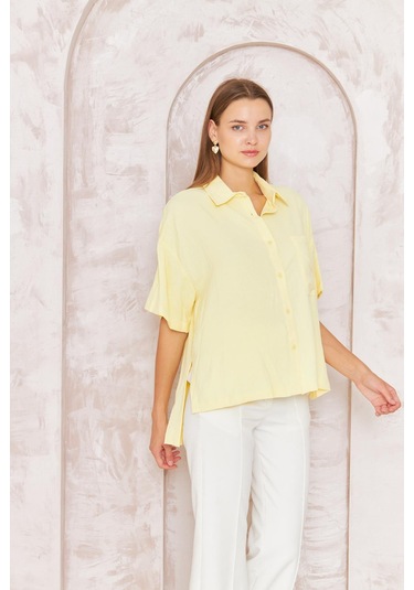 Kadın Sarı Bol Kesim Kısa Kollu Gömlek Dm9005 Sarı