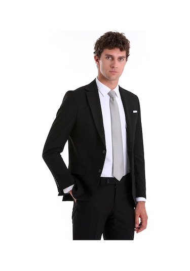 Hatemoğlu Siyah Slim Fit Mono Yaka Desenli Klasik Takım Elbise Siyah