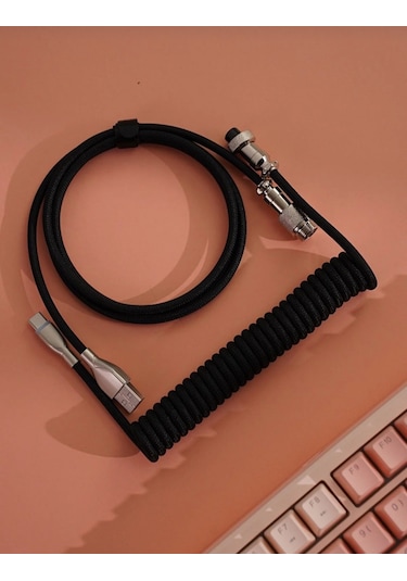 Mekanik Klavyeler İle Uyumlu Coiled Cable- Örgülü Sarmal Type-c Klavye Kablosu Black