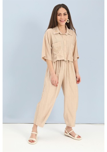 Takım Nakış Detaylı Viskon Gömlek Pantolon - Bej-bej Bej