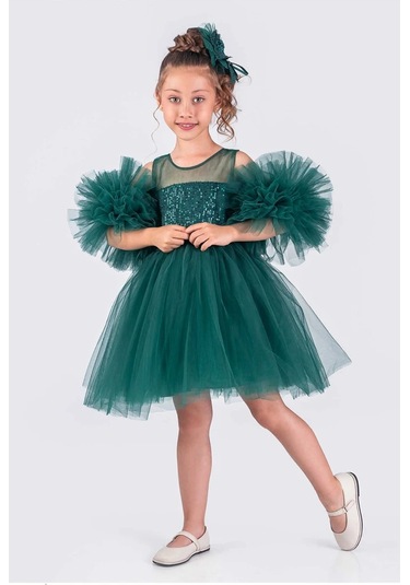 Kız Çocuk Abiye Elbise Ponpon Kol Pul Payetli Tütülü Yeşil