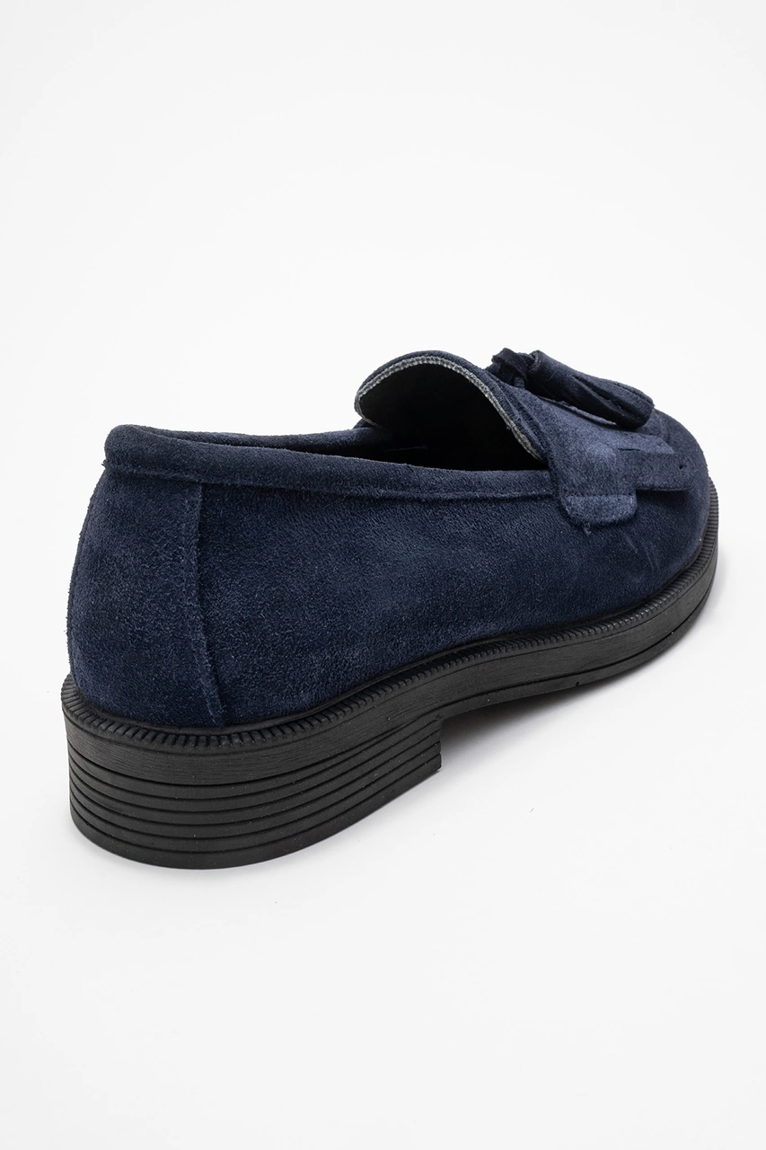 Milina Lacivert Süet Püsküllü Hakiki Deri Kadın Loafer Ayakkabı Lacivert