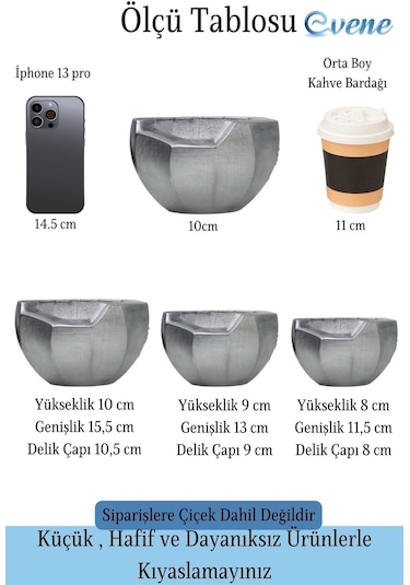 Saksı Çiçek Kaktüs Saksısı Lüx 15 Cm Önü Açık Desenli 3'lü Set Çiçeklik - Gümüş Eskitme