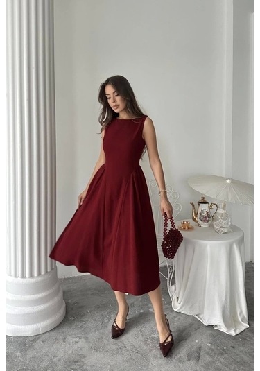 Bordo Yanları Büzgülü Midi Boy Keten Elbise Bordo
