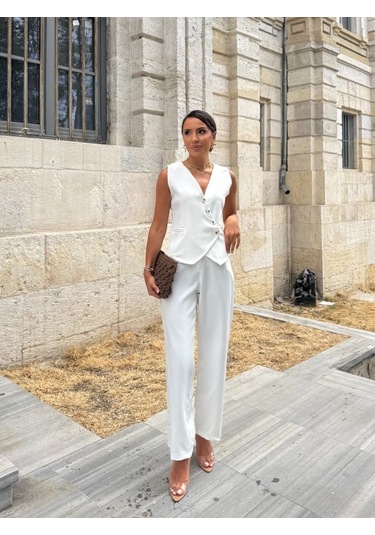 Ahes Shopping Kadın Sıfır Kollu Çapraz V Yakalı Önden Düğmeli Atlas Yelek Ve Pantolon Ikili Takım Beyaz