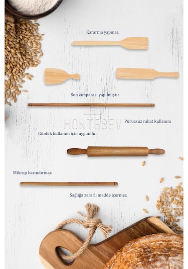 Zambak Serisi Ahşap Hamur Açma Oklavası Merdanesi Börek Seti 6 Lı