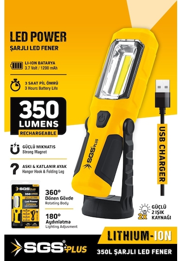 Sgs 5054 Şarjlı Mıknatıslı Ledli Fener Tamirci Aydınlatma Lambası 350 Lümen Usb Şarjlı 4 Kademeli Sarı
