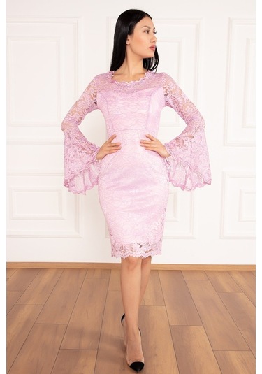 Kalopya Kol Volanlı Kısa Dantel Abiye Elbise 13034 Pembe