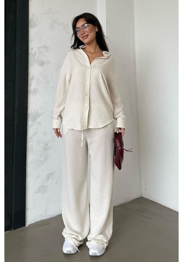 Madmext Karmelanj Keten Kadın Gömlek Pantolon İkili Takım Mg2356 Karmelanj