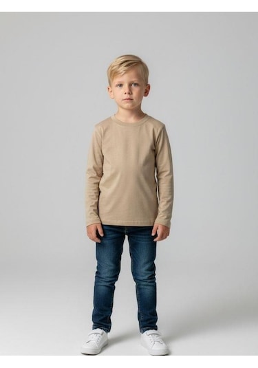 Zekids Erkek Çocuk Pamuklu Uzun Kol Basic T-shirt-16713 Bej