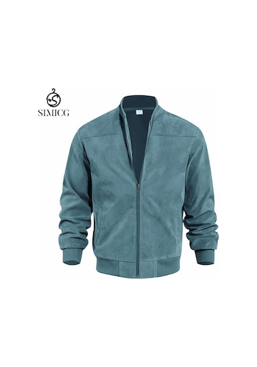 Erkek Sonbahar Dik Yaka Süet Ceket Mavi