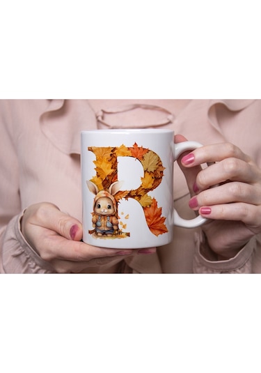 R Harf Sonbahar Yaprak Temalı Kupa Bardak - Sevimli Figürler İle Alfabe Harfli Bardak - Kişiye Özel Beyaz