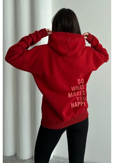 Kadın Kırmızı Do What Makes You Happy Baskılı Oversize Kapüşonlu Sweatshirt Kırmızı