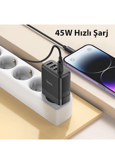 Hoco C127A PD45W(1C3A) Hızlı Şarj Aleti + Type-C to iPhone Uyumlu Lightning Kablo Seti