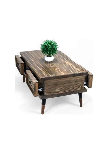Mobenta Stria Brew, Modern Doğal Masif Orta Sehpa, 2 Çekmeceli - 60x110 Cv Ceviz