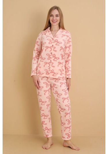Fwn 1608 Boydan Düğmeli Polar Kumaşlı Kışlık Kadın Pijama Takımı Pembe