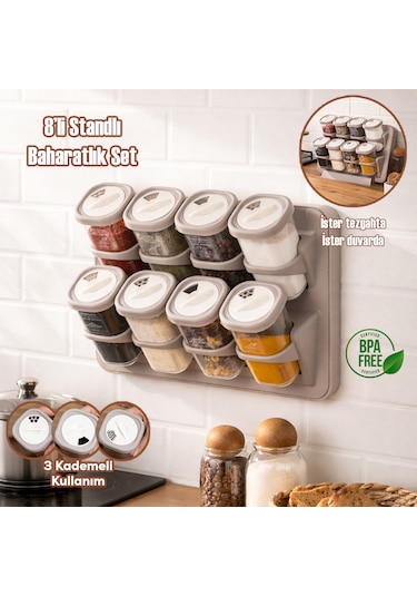Porsima 5340 8li Etiketli Asmalı Kendinden Yapışkanlı Tezgah Üstü Standlı Döner Kapaklı Baharatlık Seti Cappuccino-krem-350ml