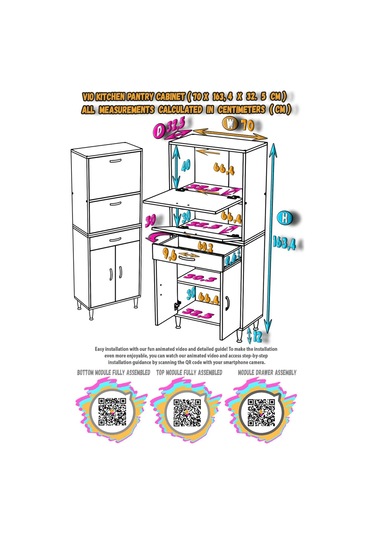 Modilayn Vio 70x163,4x32,5 Cm Yeni Çekmeceli, Kapaklı, Ekmeklikli, Çok Amaçlı Mutfak Dolabı. Beyaz